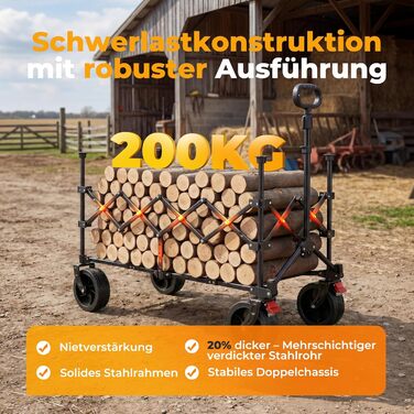 Візок пляжний складний Bollerwagen 200л, 200кг, чорний - для кемпінгу, пляжу, відпочинку на природі. З дощем, гальмами, широкими колесами