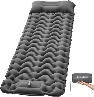 KingCamp Self-Inflating Sleeping Pad with Foot Pump, 1 Person Air Mattress with Integrated Headrests, Outdoor Ultralight Camping Mat, Small Pack Size, for Camping, Hiking, Trekking (Dark Gray)