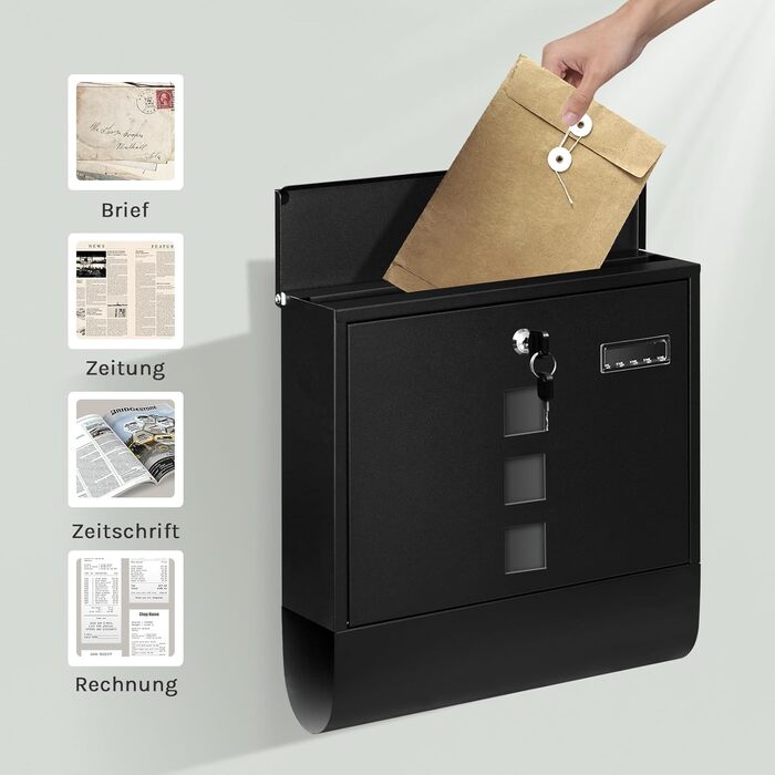 Поштовий ящик WOLTU з газетницею та вікном, персоналізований, замиканий, з 2 ключами, сучасний, 37x37x10.5 см, чорний
