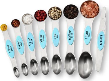 Spring Chef Magnetic Measuring Cups & Spoons Set (Patented), Strong Magnets, Durable Stainless Steel, Fits Spice Jars for Baking & Cooking, BPA-Free, Round, 15-Piece Set with Leveler, Aqua