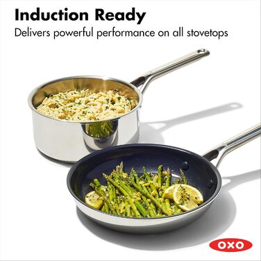 Набір кухонного посуду OXO Agility Tri-Ply з нержавіючої сталі, 13 предметів: каструлі, сковорідки, суповарка. Сумісний з індукцією, антипригарне покриття без PFAS, рівномірний нагрів, 5.7 л, нержавіюча сталь