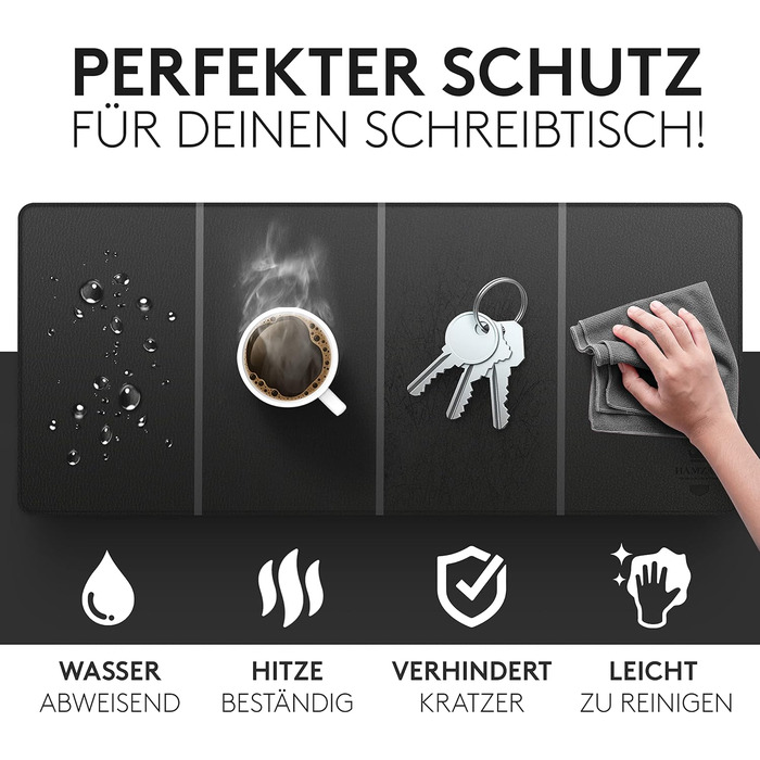 Підкладка для столу HAMZAM з PU шкіри, 90x40 см - преміум якість, з інтегрованим ковриком для миші, чорна