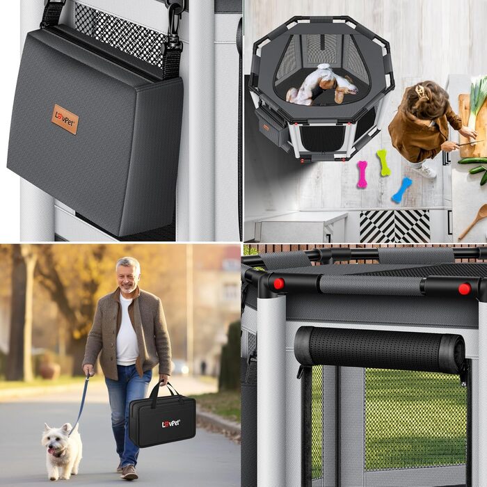 LOVPET® Indoor/Outdoor Dog Playpen - Puppy Pen, Dog Cage with Oxford Fabric, Small Animal Enclosure, Cat Run - Includes Toys & Pads, 72x72x43cm, Anthracite Gray