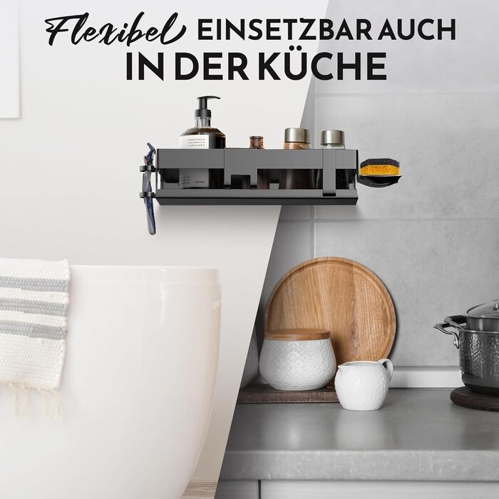 HENAL Shower Shelf Set 5 in 1, Matte Black Stainless Steel Shower Shelf (No Drilling Required), Shower Rack including Razor Holder, Squeegee Holder, Soap Dish & Hook, XXL Bathroom Organizer
