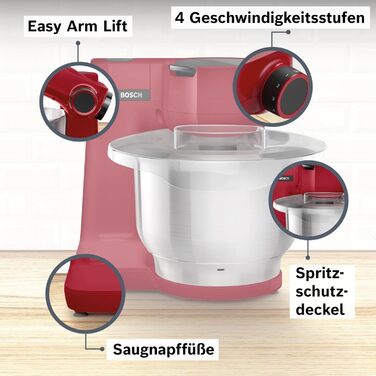 Кухонний комбайн Bosch Serie 2 MUMS2ER01, 700 Вт, 3,8 л, з нержавіючої сталі, планетарний міксер, насадки для замішування тіста, збивання та різання, 3 диски, червоний