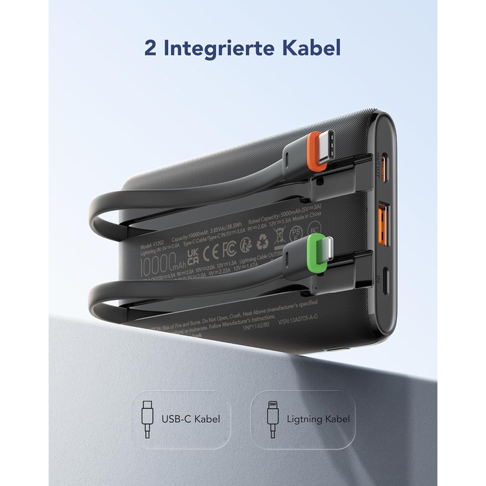 Повербанк VEGER 10000mAh 22.5W з вбудованим кабелем USB-C, швидка зарядка, чорний