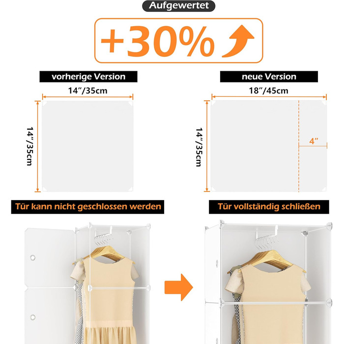 HOMIDEC Wardrobe, Portable Shelving System, 20-Cube Closet Organizer made of Plastic with 2 Clothes Rods, Bedroom Wardrobe Closet White for Bedroom, 180 x 142 x 45cm
