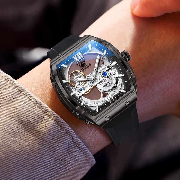 Чоловічий скелетон-годинник OLEVS: автоматичний механізм, сталевий браслет, водонепроникний, з календарем та підсвіткою, чорний