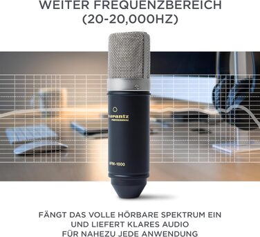 Мarantz Professional MPM1000 - XLR конденсаторний мікрофон з поп-фільтром, підвісом, штативом та XLR кабелем для дому/студії