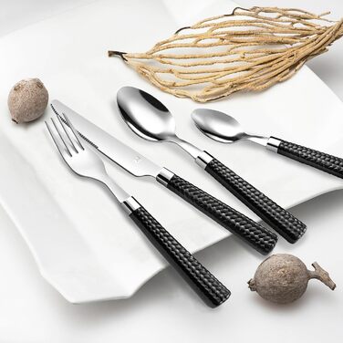 Amefa PAILLE Cutlery Set for 6 | Dinner Cutlery Set 24-Piece | Black Handles with Braided Design | Cutlery Set 18/0 Stainless Steel | Dishwasher-Safe Cutlery Set | 6 each of Fork, Knife, Spoon & Teaspoon