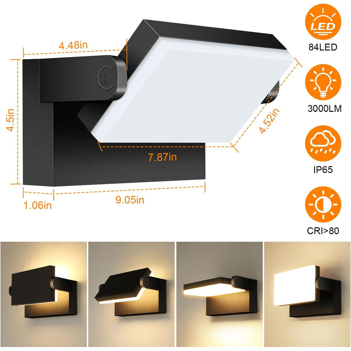 LED-водостійкий настінний світильник Kingwen 40W, 3000K, поворотний на 360°, IP65, чорний. Підходить для гаража, тераси, внутрішнього та зовнішнього використання.