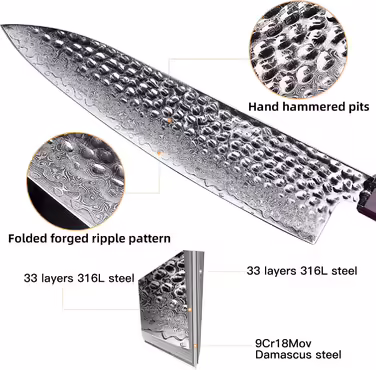 FINDKING Eternity Series Japanese Chef's Knife with ABS Sheath, Professional Kitchen Knife, 9Cr18MoV Damascus Steel Blade, Resin Octagonal Handle, Sharp, for Cutting Meat, 8 Inch/21CM
