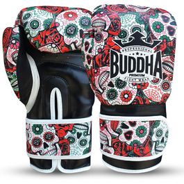 BUDDHA FIGHT WEAR Luzbel Boxing Gloves - Muay Thai & Kickboxing - Red 12oz Leather Interior - Reinforced Stitching - Multiple Designs