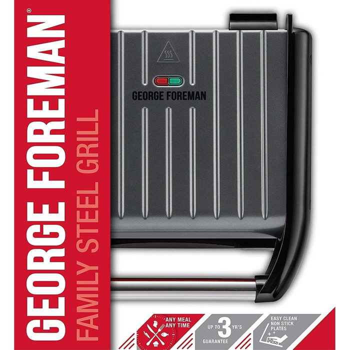 George Foreman Contact Grill & Panini/Sandwich Maker - 24x17cm - 3 Portions - Steel Red - Reduces Up to 42% Fat