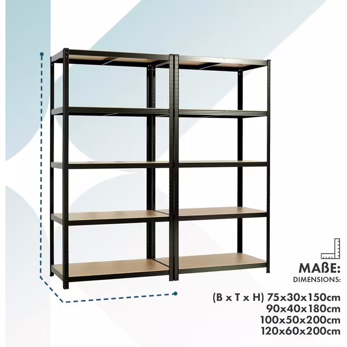 OfficeMarshal Heavy-Duty Shelving Unit - Lakota (200 x 120 x 60 cm, Black)