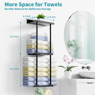 Тримач для рушників без свердління, чорний, з 6 гачками та полицею для ванної кімнати та кухні