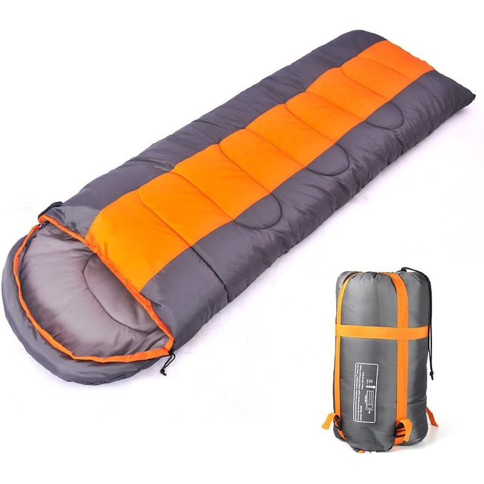 Спальний мішок для кемпінгу, 3 сезони, з капюшоном, для дорослих, зимовий, для подорожей, рюкзаків, походів, з компресійним мішком, оранжевий/сірий, L