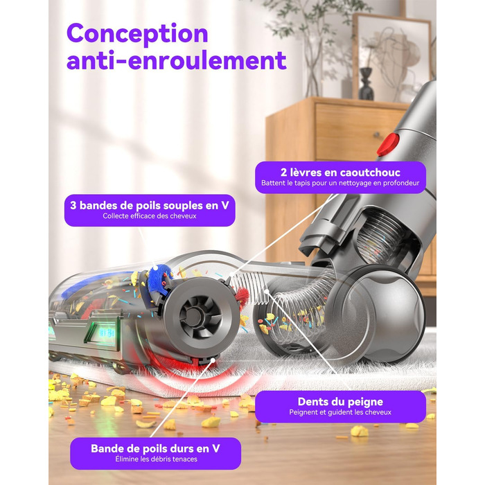 Бездротовий акумуляторний пилосос H9 58000Pa/650W з LED-дисплеєм та антизаплутувальною насадкою для тварин, килимів та твердих поверхонь, золотистий