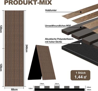 Акустичні 3D-панелі з дерева AKK-PANE 240x60 см (1,44 м²), стінові шумопоглинаючі панелі для кухні, вітальні та офісу, колір: темний горіх