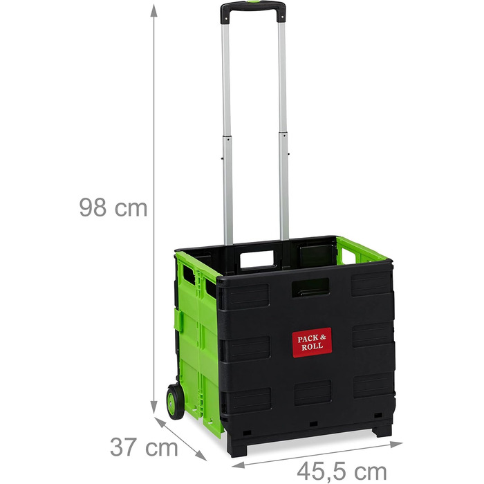 Relaxdays Folding Shopping Trolley, Telescopic Handle, 2 Rubber Wheels, Up to 35 kg, Shopping Trolley, Aluminium, ABS, Shopping Trolleys 98 x 45.5 x 37 cm (Green)