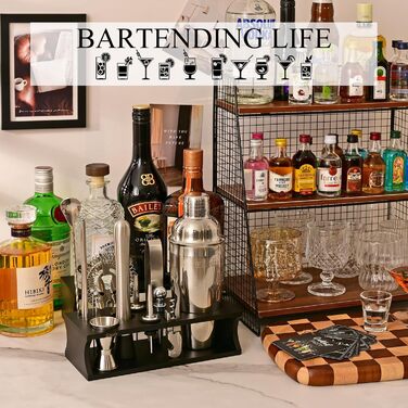 750ml Stainless Steel Cocktail Shaker Set with Bamboo Stand & Recipe Book - 17 Piece Bar Set for Bartenders, Gifts for Women (Black Silver)