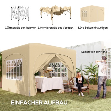 Outsunny 3x3m Gazebo, Water-Resistant, Stable, Winter-Proof Pop-Up Folding Gazebo, UV Protection 50+, Foldable Party Tent Garden Tent with 4 Side Walls Bag Garden Gazebo for Camping Garden, Sand | Aosom