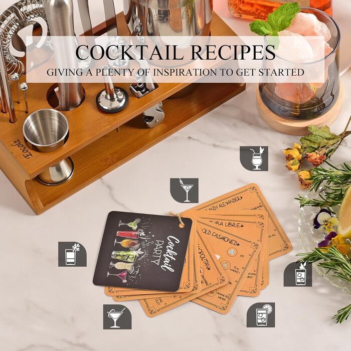 Cocktail Shaker Set with Bamboo Stand & Recipe Book - 750ml Stainless Steel Bar Set with 17-Piece Cocktail Mixing Kit - Bartender Gift for Women