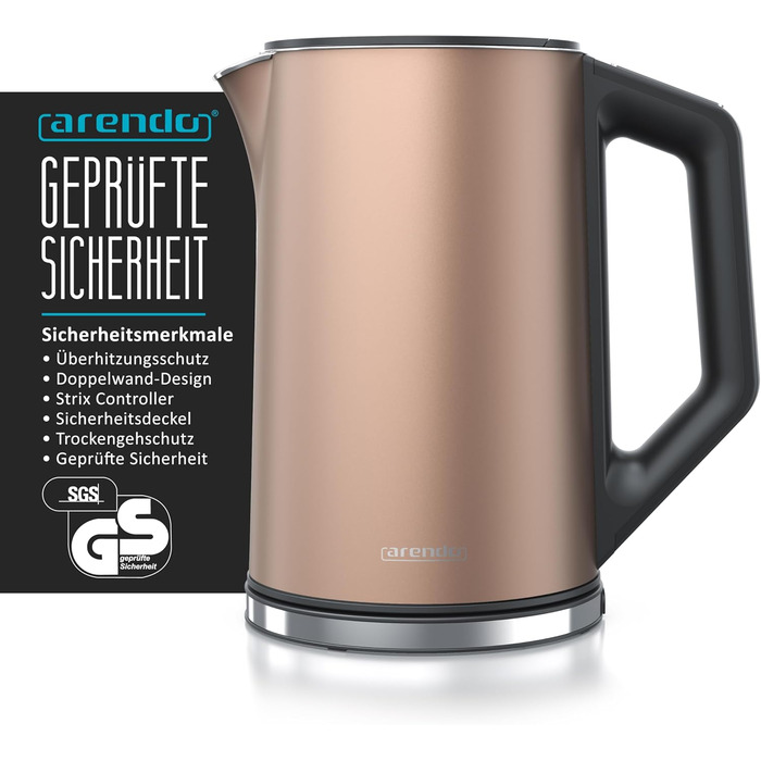 Arendo - Stainless Steel Kettle with Temperature Setting 40-100 Degrees in 5 Degree Increments - Double-Walled Design - Model ELEGANT - 1.5 Liter - 2200 W - Tea Kettle with Temperature Display - GS - Black (E: Bronzo)
