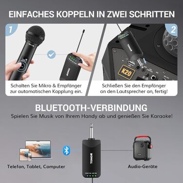 TONOR TW720 Бездротовий мікрофон Bluetooth з металевим корпусом, UHF, 100м, 2 шт. для караоке, вечірок, конференцій