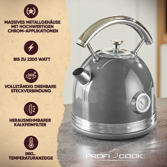 Електричний чайник ProfiCook® PC WKS 1192, 1,7 л, антрацит, ретро-дизайн з металевим корпусом та хромованими деталями, з індикатором температури, 2200W