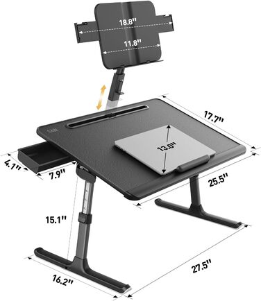 SAIJI Стіл для ноутбука [Преміум XXL Extra Groß] з регульованим підсвіткою, багатофункціональний стіл для ліжка Преміум-класу, складний стіл для ноутбука з ящиком (Темно-чорний)