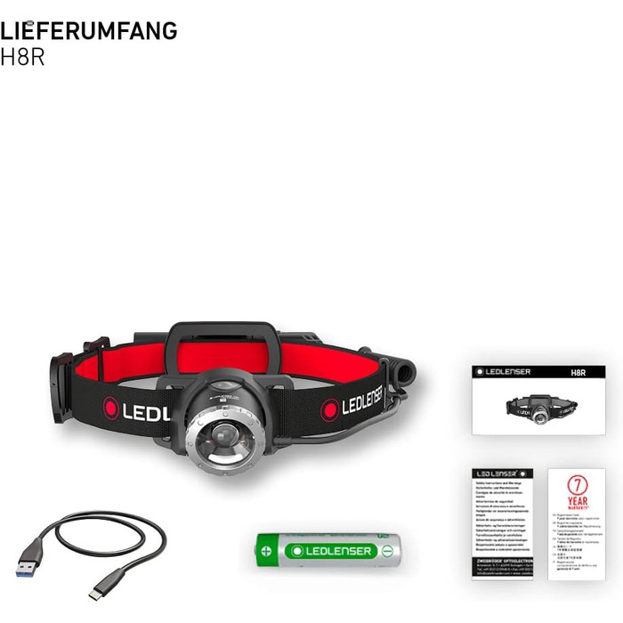 Налобний ліхтар Ledlenser H8R, 600 люмен, LED, акумуляторний, до 120 годин, червоне світло, у коробці