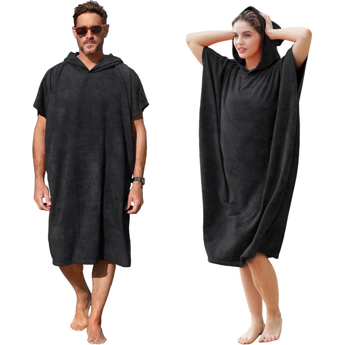 Surf Poncho Hooded Changing Towels Quick Dry Beach Change Robe for Adults Men Women Waterproof and Sandproof Bathrobe for Surfing Swimming Bathing Oversized Black