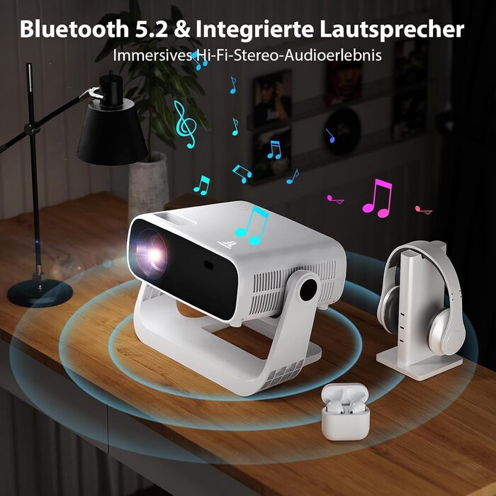 Розумний проєктор Beamer Full HD 1080P, 25000 люменів, Android 11, вбудовані додатки, 4D корекція трапеції, WiFi 6 & BT 5.2, проєктор для домашнього кіно 4K з поворотним підставою 120°, сумісний з iOS/Android/Laptops, чорний