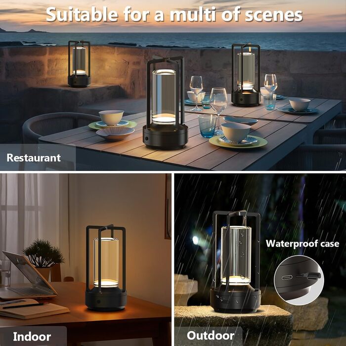 LED настільна лампа Hapfish бездротова, акумуляторна, 3000mAh, USB, з кришталем, водонепроникна, з ручкою, регульована яскравість, для ресторану, вулиці, спальні, вітальні (чорна)