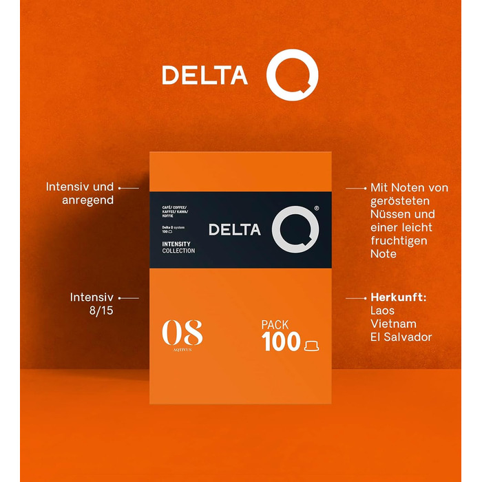 Кавові капсули Delta Q AQtivus, мелена кава для кавомашин Delta Q, інтенсивність 8, смак з нотками горіхів та фруктів, 100 капсул