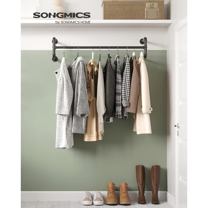 SONGMICS Wall Clothes Rack, Industrial Design Clothes Rail, 2-Piece Set, Wall Mounting, Load Capacity up to 60 kg, 30 x 112 x 29.3 cm, Easy Assembly, Black HSR64BK-02