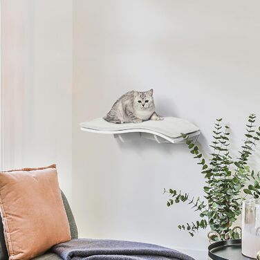 PawHut Cat Climbing Wall, Cat Hammock, Cat Bed, Wall Shelf, Wall Mount, Cat Furniture, Plush MDF, White, 53 x 28 x 12 cm