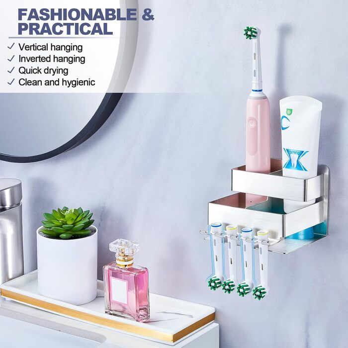 Electric toothbrush head holder, stainless steel, toothbrush holder, wall-mounted, screwless, toothbrush head holder, self-adhesive toothpaste holder for bathroom