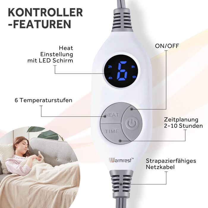 Електрична ковдра Warmrest з фланелі, 130x180 см, 6 температурних режимів, таймер 1-10 годин, автовимкнення та захист від перегріву, можна прати, бежева
