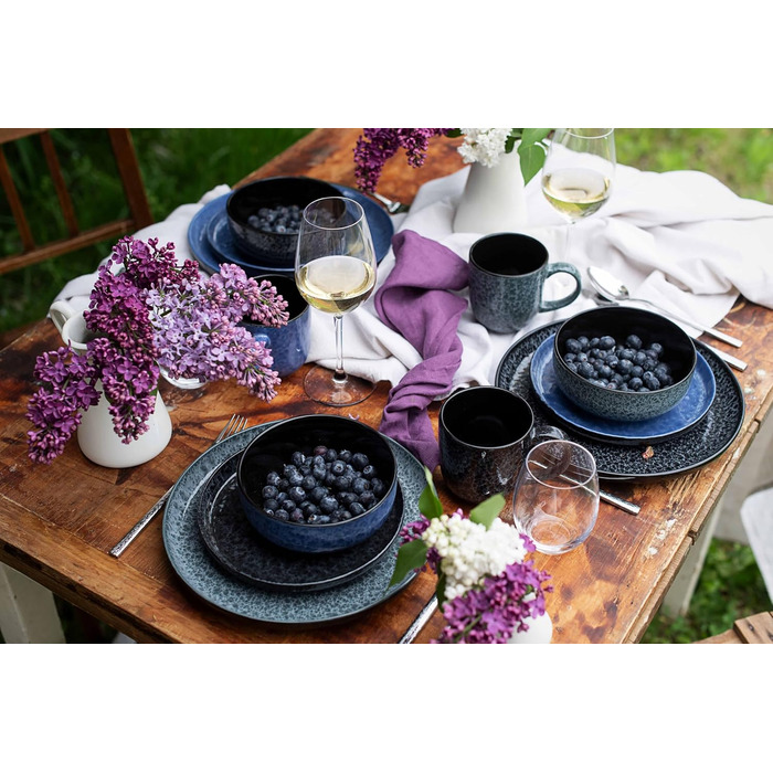 MÄSER Filippa: 16-частинний сервіз для 4 осіб з кераміки (16 предметів); тарілки, миски, чашки з реактивною глазур'ю чорного та сірого кольорів, порцеляна