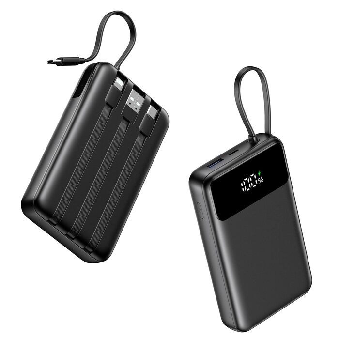 Повербанк ADDTOP 20000mAh з 4 вбудованими кабелями, швидка зарядка 22.5W, компактний зовнішній акумулятор (Чорний)