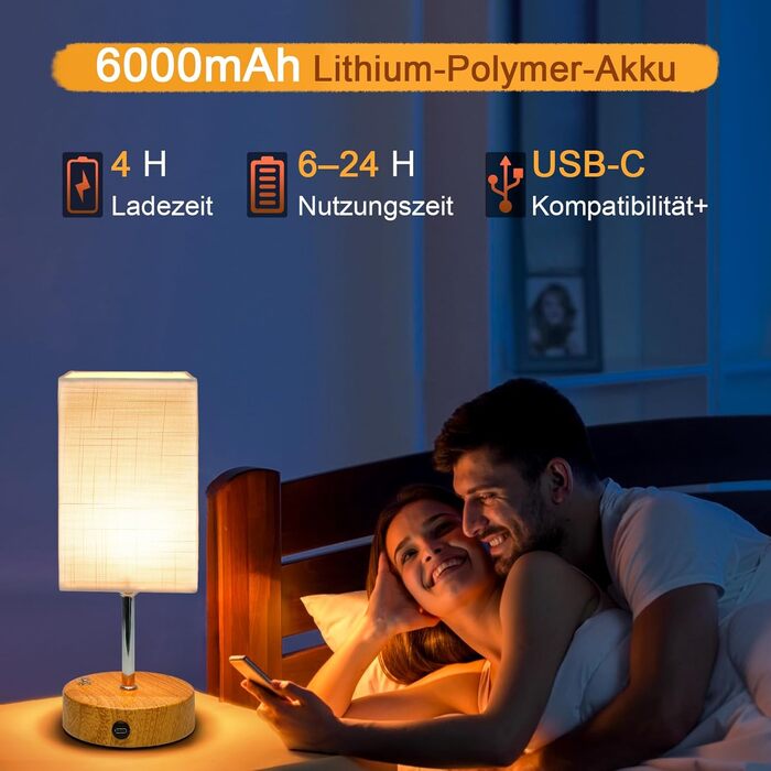 Бездротова настільна лампа TRUMPETS з акумулятором, сенсорне керування, регулювання яскравості, 3 колірні температури, USB-C, 6000mAh, для вітальні/спальні