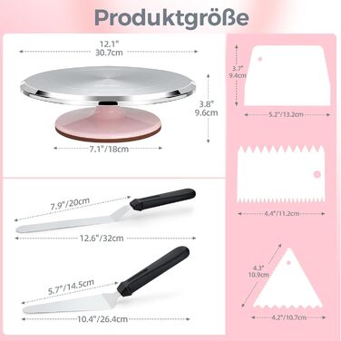 Ohuhu Поворотна платформа для тортів, 30 см, з лопатками та скребками, рожева | Для декорування та випікання