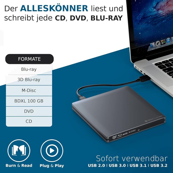 Зовнішній Blu-ray привід techPulse120 USB 3.0 Type-C: запис 3D M-Disc BDXL 100GB, BD, DVD, CD, Slim Superdrive для ноутбуків та ПК (Windows, MacOS, MacBook), алюміній, сірий