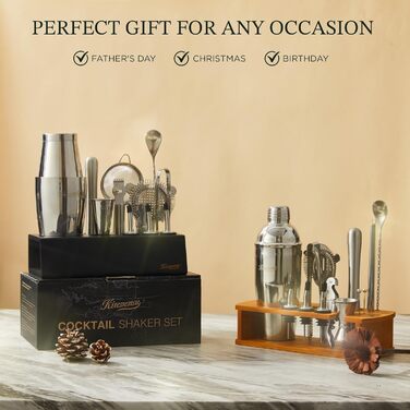 Набір для коктейлів KITESSENSU Boston Shaker: професійний шейкер, джигер, ситечко, мадлер, аксесуари для бару - 15 предметів, чорна підставка