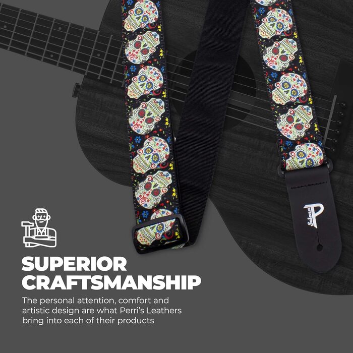 Гітарний ремінь Perri's Leathers з нейлону з жаккардовим малюнком троянд та черепів (бежевий, регульований) - для акустичної, бас та електрогітари, з Канади