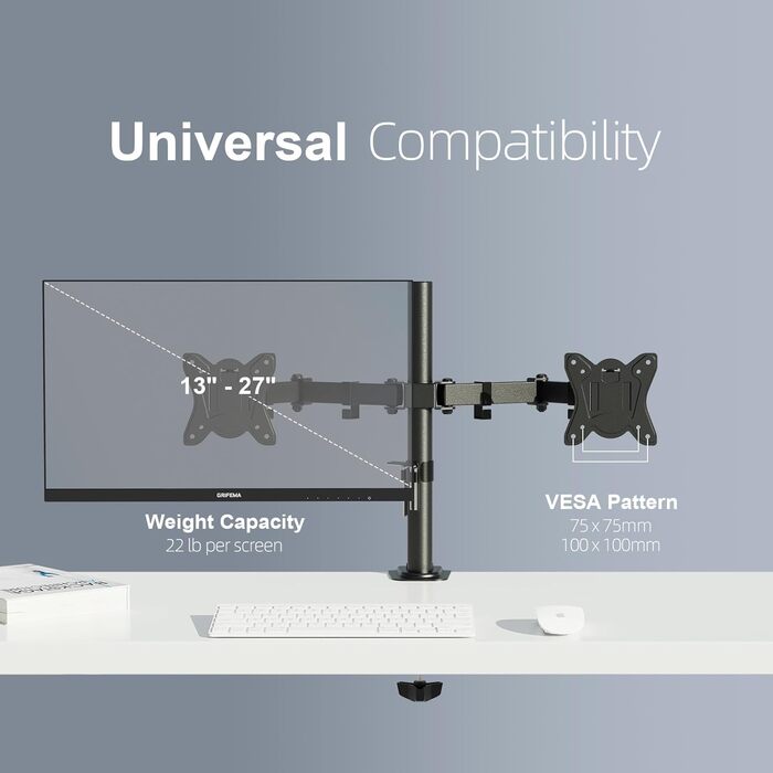 Кріплення для монітора GRIFEMA на 2 монітори, 13-27 дюймів, регульоване, поворотне, нахильне, VESA 75/100mm, GB2001A-2