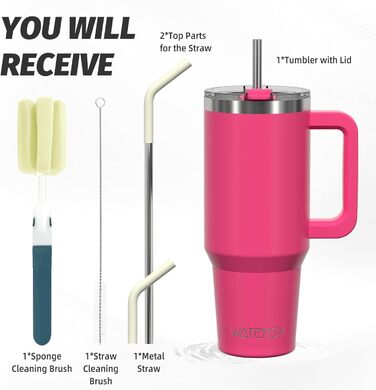 Термокружка WATERSY 40oz (591 мл) з нержавіючої сталі, подвійні стінки, з ручкою та трубочкою, для гарячих та холодних напоїв, рожевого кольору