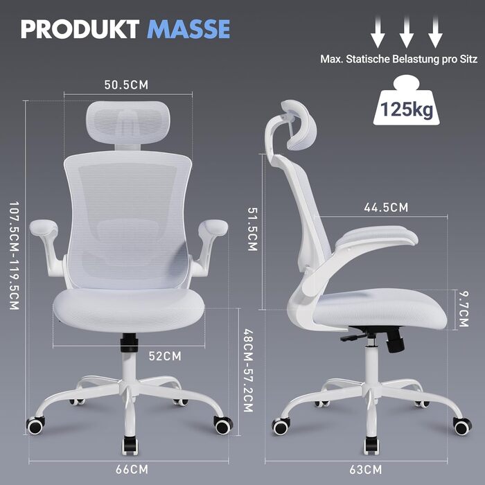 Офісне крісло Colamy: ергономічне, з регульованою підголівником та поперековою підтримкою, біле